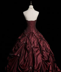 Wine Red Strapless Floral Applique Ball Gown Taftta Prom Dress, Wine Red Long Quinceanera Dress