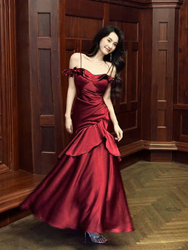 Wine Red Sweetheart Straps Mermaid Long Party Dress, Wine Red Evening Dress Prom Dress