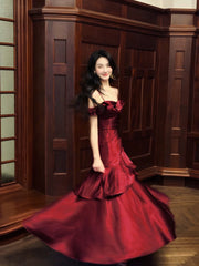 Wine Red Sweetheart Straps Mermaid Long Party Dress, Wine Red Evening Dress Prom Dress