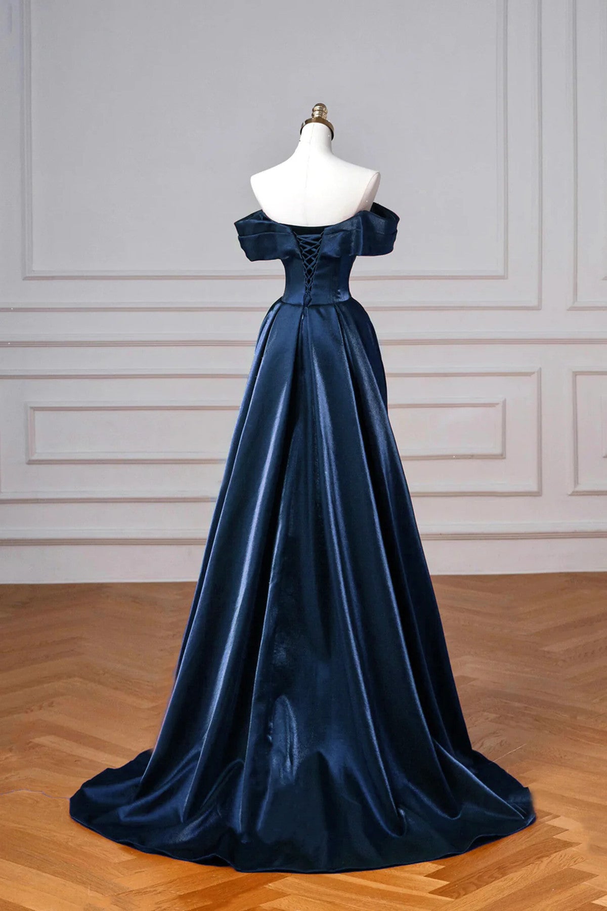Navy Blue A-line Off Shoulder Satin Prom Dress, Navy Blue Satin Evening Dress Party Dress