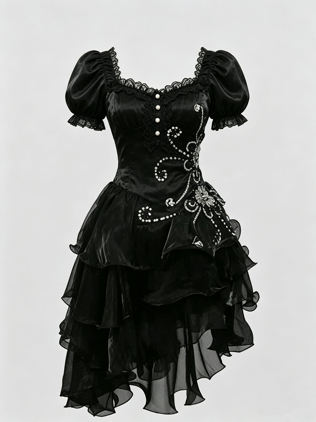 Black Organza Beaded Short Sleeves Gothic Homecoming Dress, Black Gothic Lace-up Short Party Dress
