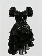 Black Organza Beaded Short Sleeves Gothic Homecoming Dress, Black Gothic Lace-up Short Party Dress