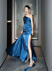 Blue Satin One Shoulder Long Party Dress with Leg Slit, Blue Satin Evening Dress