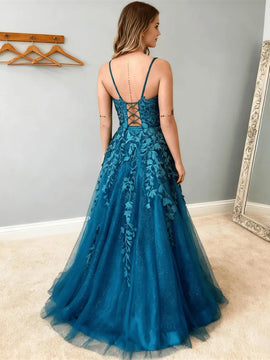 A-line Blue Tulle with Lace Applique V-neckline Prom Dress, Blue Straps Long Evenning Dress