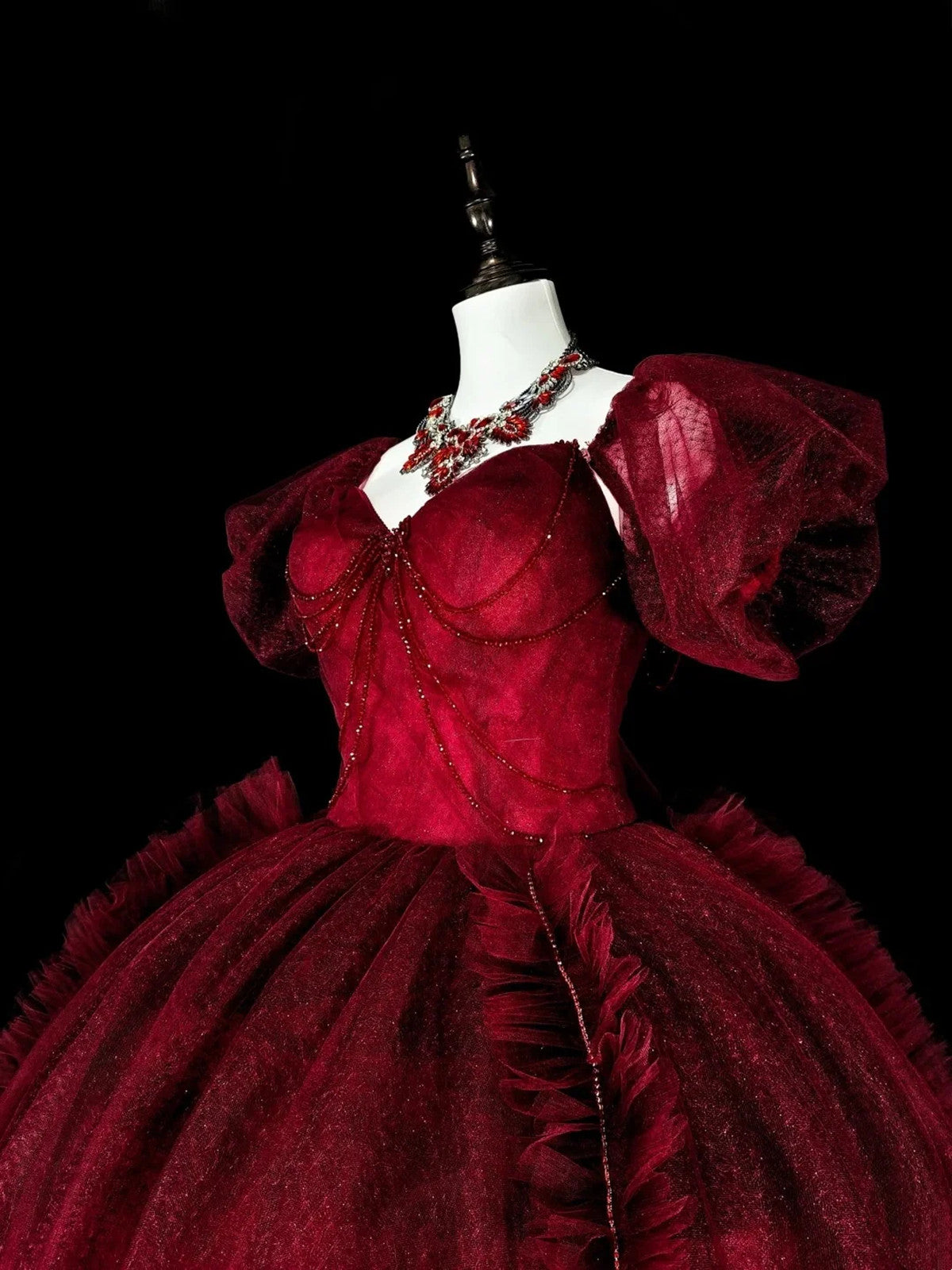 Wine Red Beaded Sweetheart Short Sleeves Formal Dress, Wine Red Tulle Floor Length Prom Dress