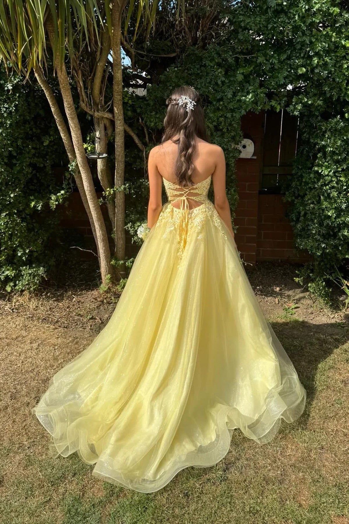 Charming Yellow Sweetheart A-line with Lace Corset Prom Dress, Yellow Tulle Party Dress