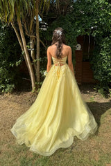 Charming Yellow Sweetheart A-line with Lace Corset Prom Dress, Yellow Tulle Party Dress