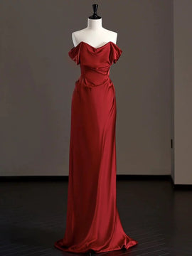 Wine Red Satin Off Shoulder A-line Long Formal Dress, Wine Red Satin Prom Dress