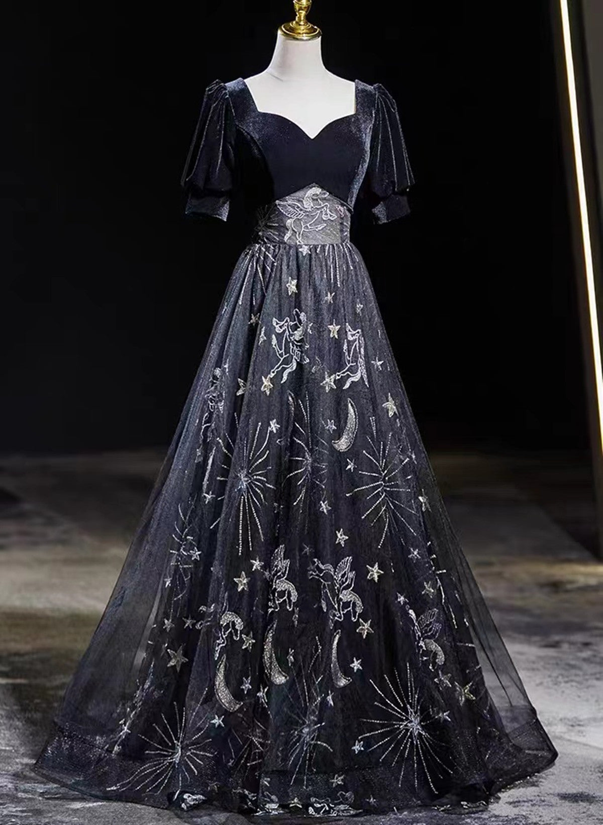 Black Tulle and Velvet A-line Long Party Dress, Black Long Prom Dress