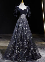 Black Tulle and Velvet A-line Long Party Dress, Black Long Prom Dress