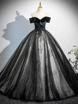 Black Ball Gown Tulle Off Shoulder Long Formal Dress, Black Sweetheart Party Dress
