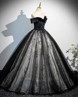 Black Ball Gown Tulle Off Shoulder Long Formal Dress, Black Sweetheart Party Dress