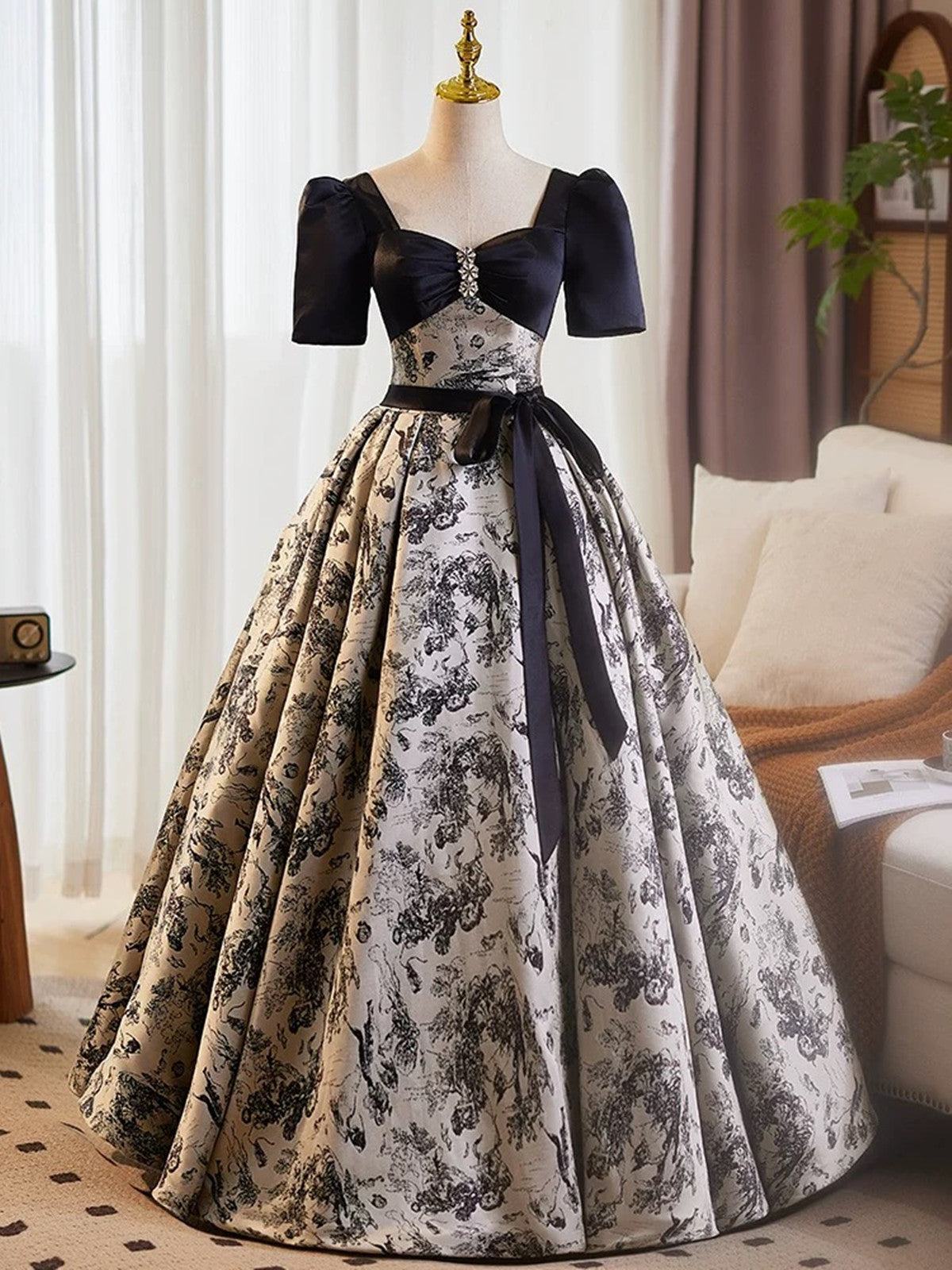 A-line Black Floral Satin Short Sleeves Beaded Prom Dress, Black Satin Evening Dress Party Dress