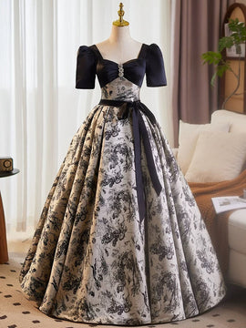 A-line Black Floral Satin Short Sleeves Beaded Prom Dress, Black Satin Evening Dress Party Dress