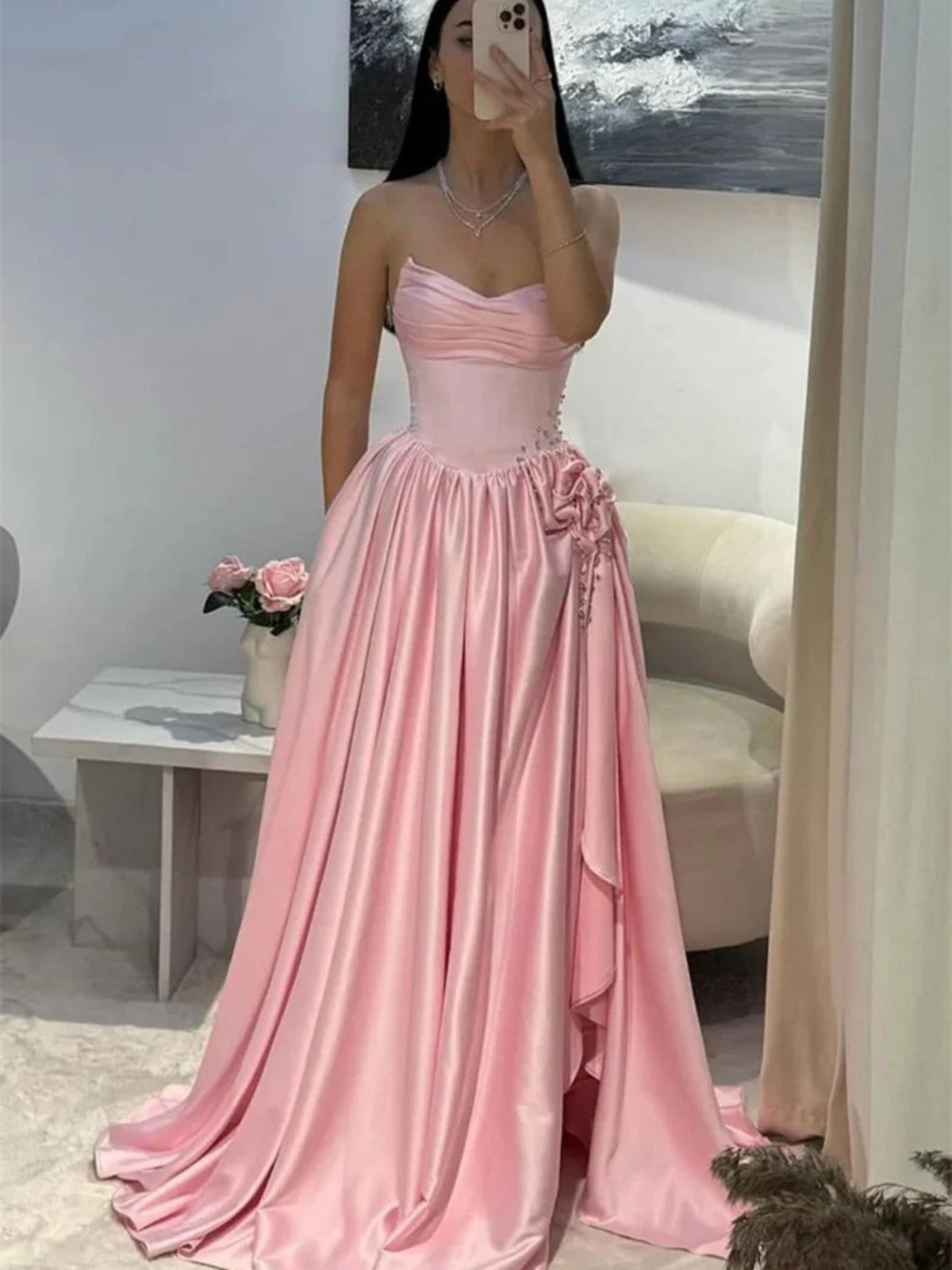 Blush Pink Satin Long Party Dress with Beaded, A-line Wedding Party Dress with Leg Slit