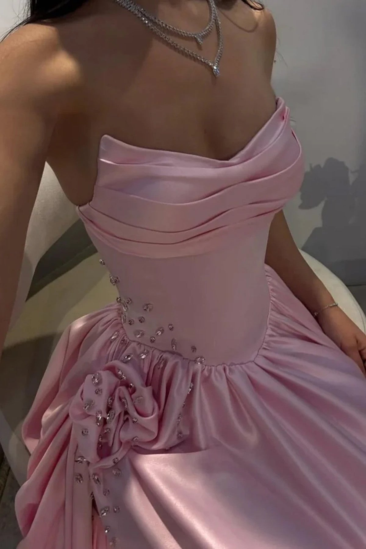 Blush Pink Satin Long Party Dress with Beaded, A-line Wedding Party Dress with Leg Slit