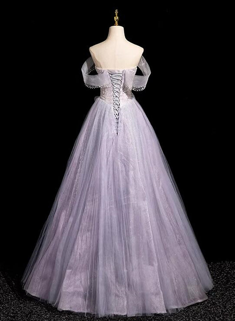 Light Purple Off The Shoulder Watteau Train Mermaid Corset Metallic Prom Dress