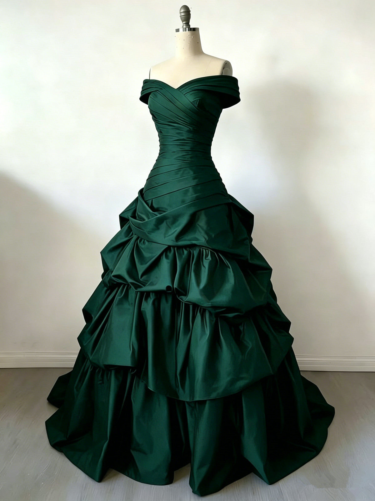 Green Satin Off Shoulder Layers Sweetheart Party Dress, Green Long Evening Dress Formal Dress