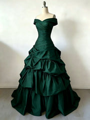 Green Satin Off Shoulder Layers Sweetheart Party Dress, Green Long Evening Dress Formal Dress