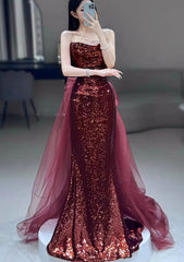 Wine Red Sequins Long Party Dress with Tulle, Wine Red Long Formal Dress Prom Dress