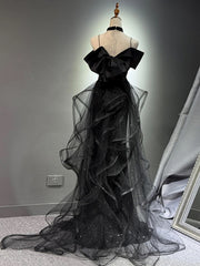 Black Sequins and Tulle Sweetheart Long Formal Dress, A-line Black Off Shoulder Prom Dress