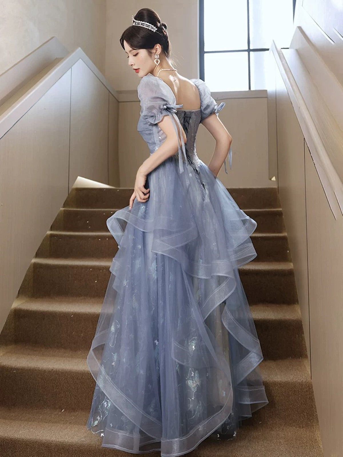 A-line Blue Tulle with Lace Applique Prom Dress, Blue Tulle Short Sleeves Long Formal Dress