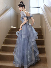 A-line Blue Tulle with Lace Applique Prom Dress, Blue Tulle Short Sleeves Long Formal Dress