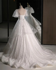 Elegant White Lace A-Line Wedding Party Dress with Puff Sleeves, White Lace Formal Gown