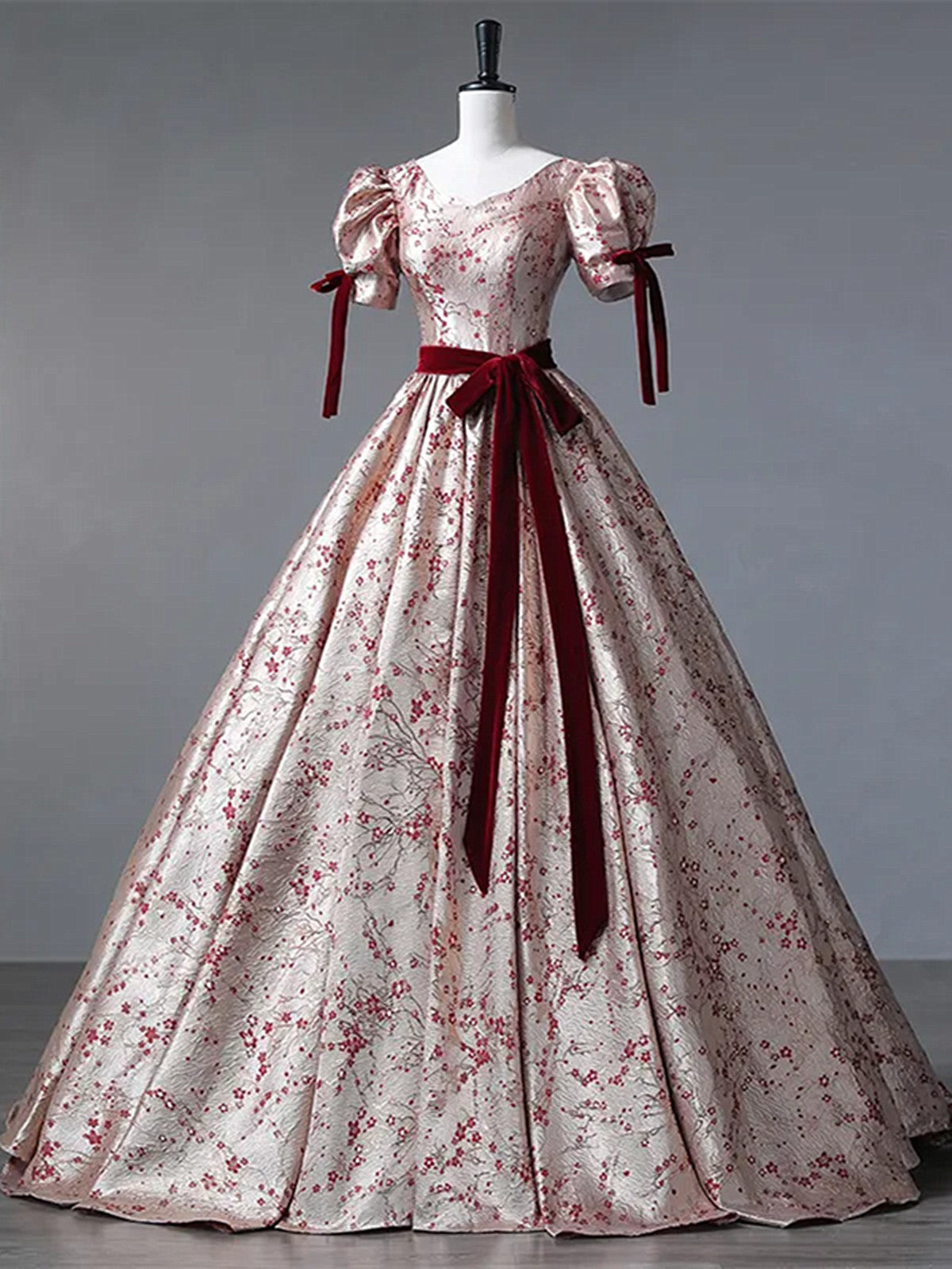 Floral Princess Gown with Burgundy Bows and Puff Sleeves, Long Prom Dress Party Dress
