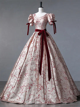 Floral Princess Gown with Burgundy Bows and Puff Sleeves, Long Prom Dress Party Dress