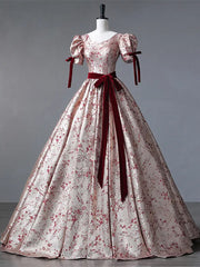 Floral Princess Gown with Burgundy Bows and Puff Sleeves, Long Prom Dress Party Dress