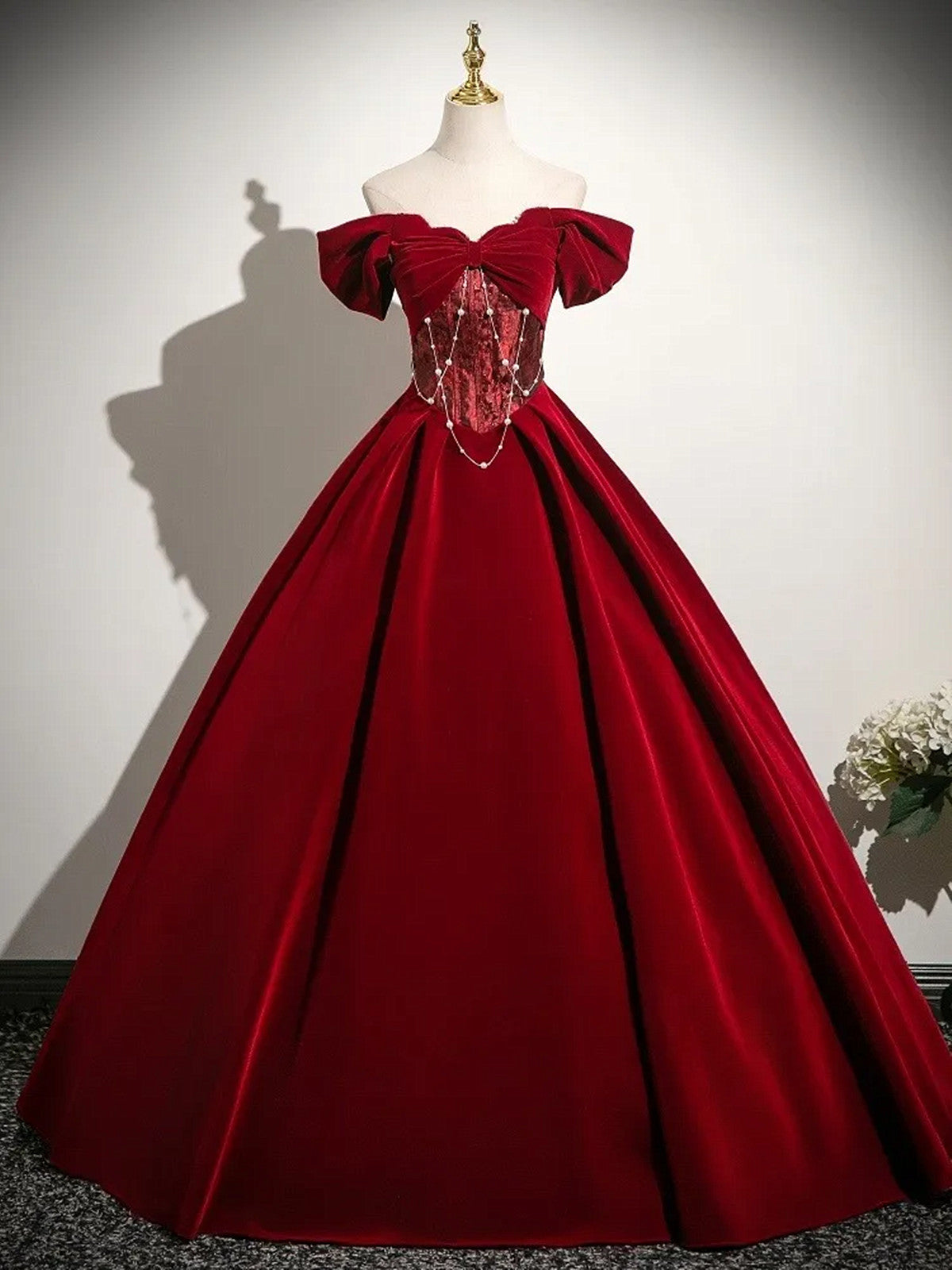 Wine Red Velvet Off Shoulder Long Prom Dress, Wine Red Sweetheart Party Dress Evening Dress