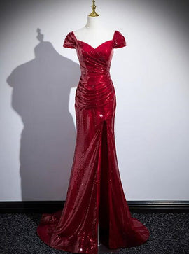 Dark Red Sequins Mermaid Sweetheart Prom Dress, Dark Red Evening Dress