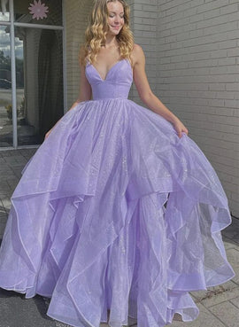 Beautiful Light Purple Long Prom Dress, V-neckline Purple Tulle Evening Dress