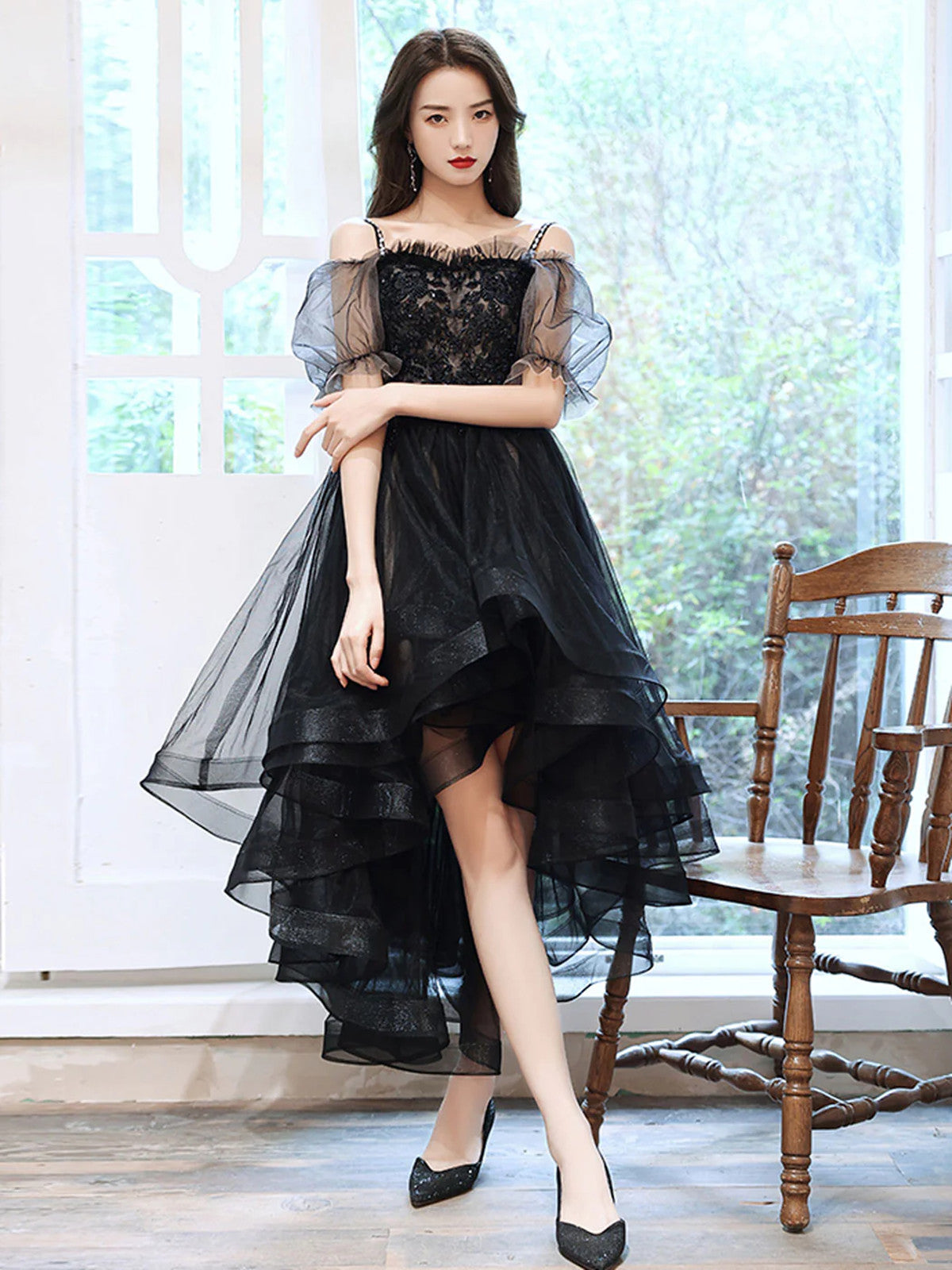 black short sleeve high low dress Black High Low Twist Dress With Short Sleeves