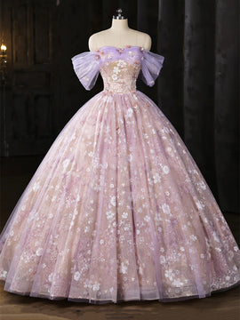 Light Purple Floral Tulle Prom Dress with Lace, A-line Off Shoulder Evening Dress Formal Dress