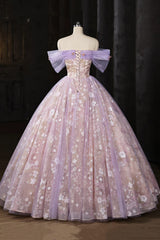 Light Purple Floral Tulle Prom Dress with Lace, A-line Off Shoulder Evening Dress Formal Dress