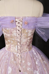 Light Purple Floral Tulle Prom Dress with Lace, A-line Off Shoulder Evening Dress Formal Dress