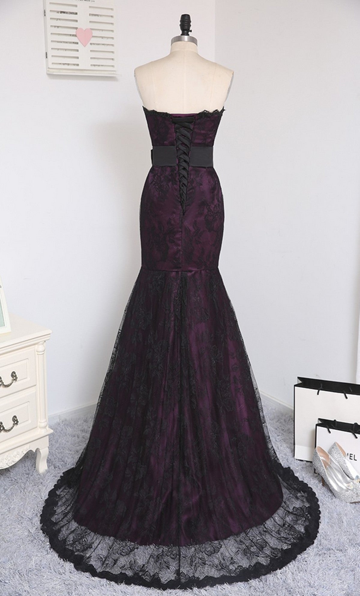 Gothic Purple and Black Lace Mermaid Prom Gown, Strapless Floor-Length Party Dress Evening Dress