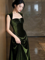 Green Velvet Sweetheart Long Prom Dress, Green Velvet Wedding Party Dress Formal Dress
