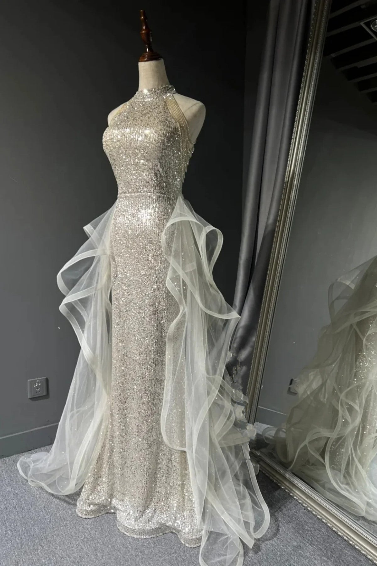 Chic White Tulle and Sequins Long Prom Dress, Halter A-line Party Dress Evening Dress