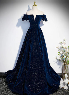 A-line Navy Blue Velvet Long Party Dress Prom Dress, Off Shoulder Navy Blue Formal Dress