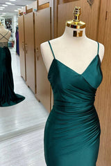 Green Satin V-neckline Mermaid Straps Evening Gown, Green Satin Prom Dress