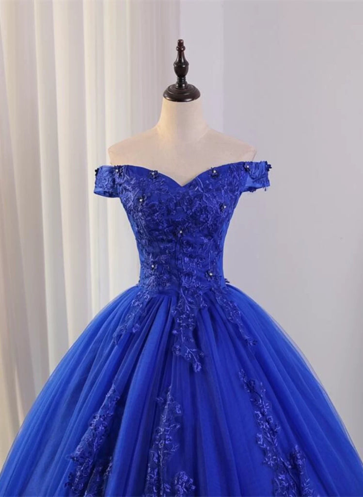 Royal Blue Ball Gown Tulle with Lace Applique Prom Dress,Royal Blue Sw