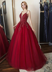 Wine Red Tulle with Lace Ball Gown Straps Party Dress, Wine Red Tulle Prom Dress