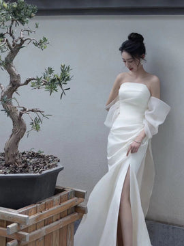 Elegant White Strapless Prom Dress, High Slit Fairy Wedding Guest Gown Maxi Dress
