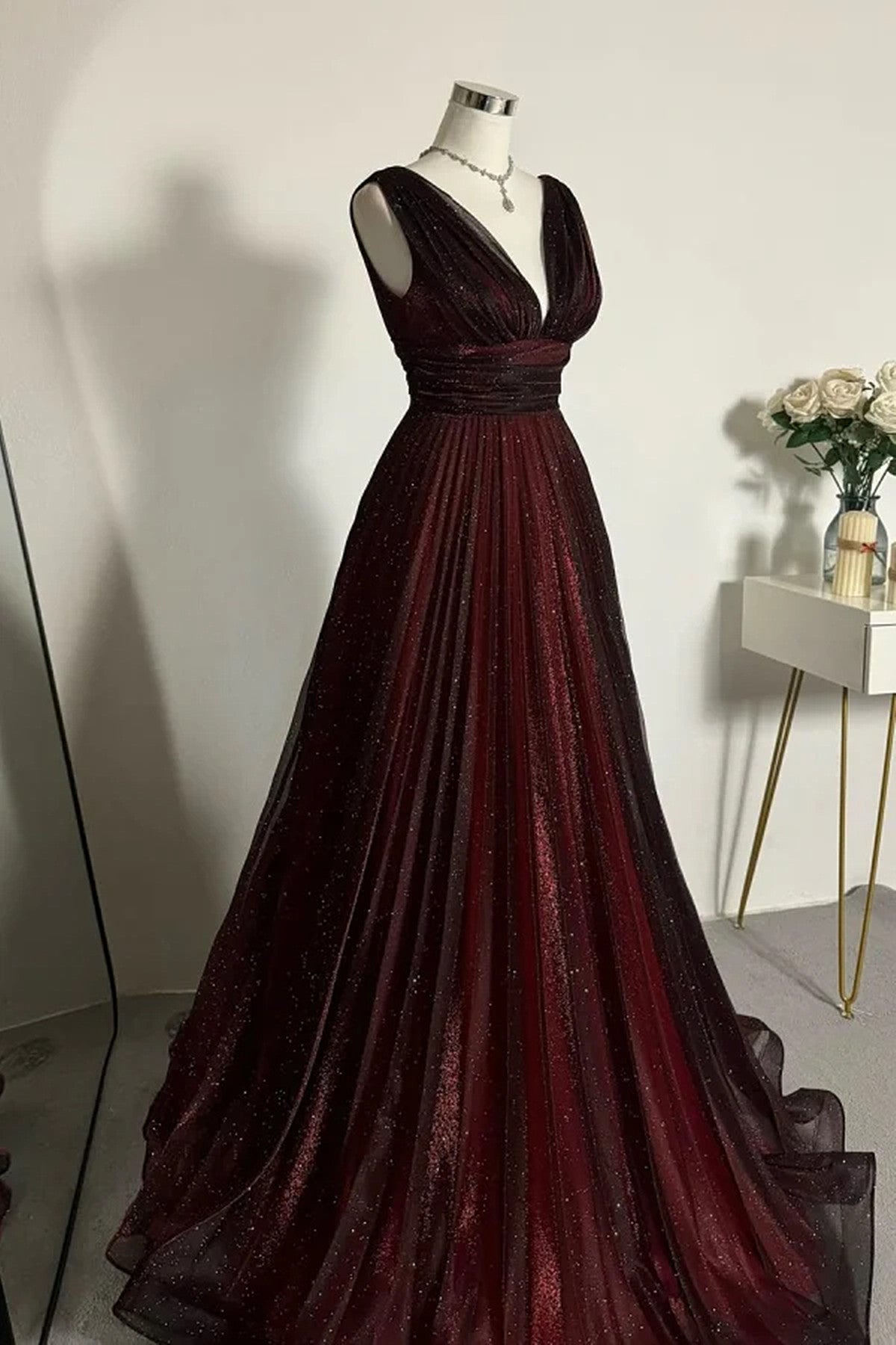Black and Red V-neckline Tulle Floor Length Party Dress, A-line Black and Red Evening Dress