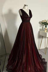 Black and Red V-neckline Tulle Floor Length Party Dress, A-line Black and Red Evening Dress