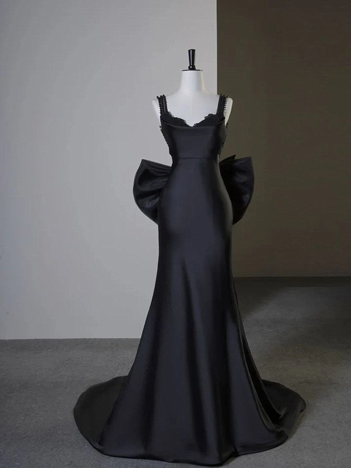 Black Satin Sweetheart Beaded Low Back Party Dress, Black Satin Evening Dress Prom Dress