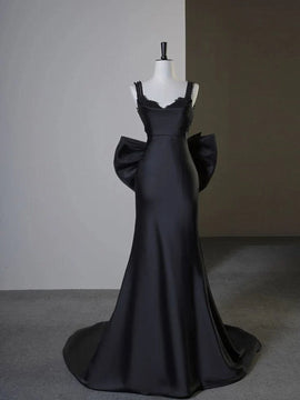 Black Satin Sweetheart Beaded Low Back Party Dress, Black Satin Evening Dress Prom Dress